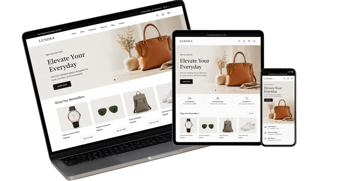 Responsive ecommerce website shown on laptop, tablet, and mobile